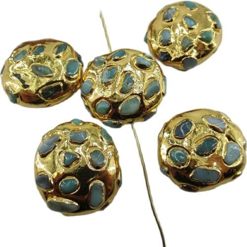 APDGG Wholesale 5PCS Natural Aventurine Chips Coin Edge Gold Plated Beads Jewelry Findings Loose Beads For Women