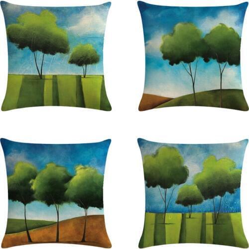 Oil Painting Tree Printed Cotton Linen Cushion Cover Beantiful Home Decor Pillowcase Octopus Sofa Bedding Cushion Case