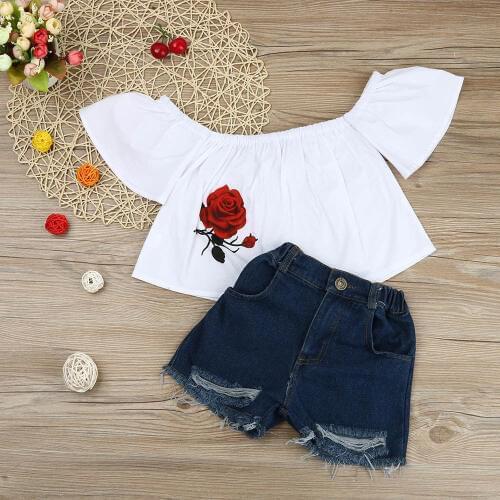 2017 Children Girl Fashion Summer Clothing Set Flower Shoulder Cotton Shirts+ Denim Shorts, Kids Girls Princess Suits Jeans Suit