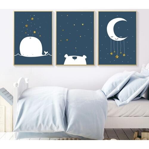 Nursery Canvas Poster Cartoon Whale Moon Wall Art Print Minimalist Painting Decoration Picture Nordic Kid Room