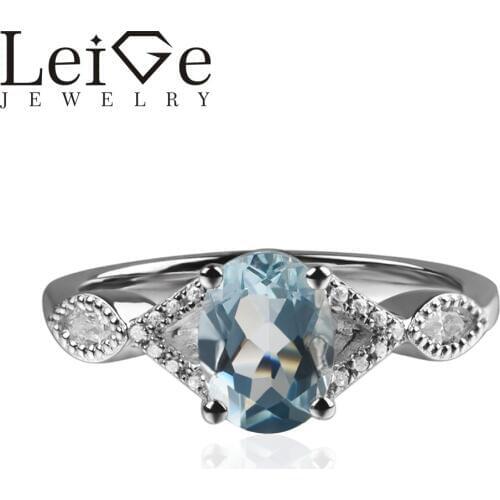 925 Silver Real Aquamarine Ring Oval Cut Blue Gemstone Promise Wedding Rings for Women Anniversary Gift March Birthstone