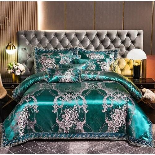 Green Satin Jacquard Brushed Bedding Set Duvet Cover Set Bed Linen Pillowcase pillow Fitted Sheet HomeTextile King Queen