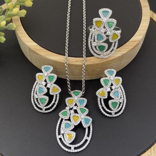 Lanyika Fashion Jewelry Set Basket Of Flowers Drip Oil Micro Inlay Necklace with Earrings and Ring for Women Banquet Best Gifts