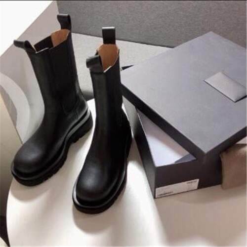 Fashion Black Short Botas Genuine Leather Punk Riding Motorcycle Boots Round Toe Med Chunky Heels wedges Shoes Woman Zapatos