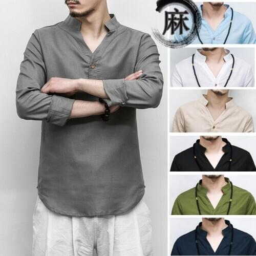 Chinese Style Men Shirts Solid V-neck Cotton Linen Retro Vintage Tang Suit Casual Full Sleeve Mandarin Collar Kung Fu Uniform