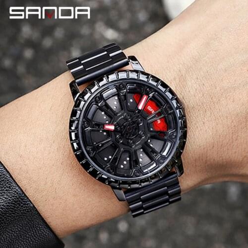 SANDA 2021Sports Mens Fashion Hot sale Car Rim Watch 360 Degree Rotating Rim Dial Watch Stainless Steel Waterproof Quartz Clock