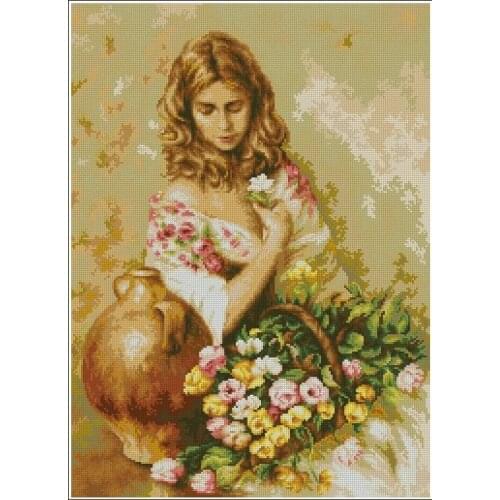 Feeling Girl and Flower Sewing Kit Top Quality Embroidery Needlework 14CT Unprinted Art Cross Stitch Kits DIY Handmade Decor