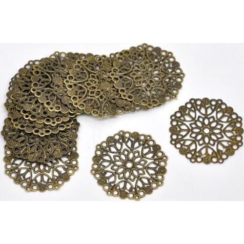 50 PCs Doreen Box Filigree Flower Wraps Connectors Iron Alloy Bronze Tone Color For DIY Jewelry Making Findings 35mm, Hole:1mm