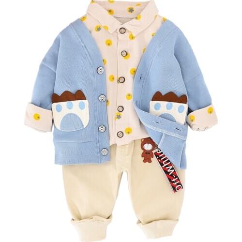 Autumn Toddler Baby Pattern Open Lining Jacket Printed Shirt Khaki Pants 3Pcs/Sets Baby Suit For Boys Girls Fashion Kids Clothes