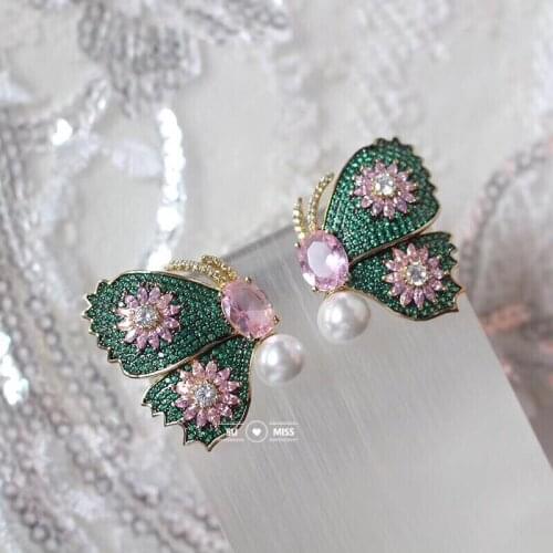 New Fashion Charm Gold Green Tone Crystal Rhinestone CZ Butterfly Stud Earrings Jewelry Gift For Women Girl Free Shipping