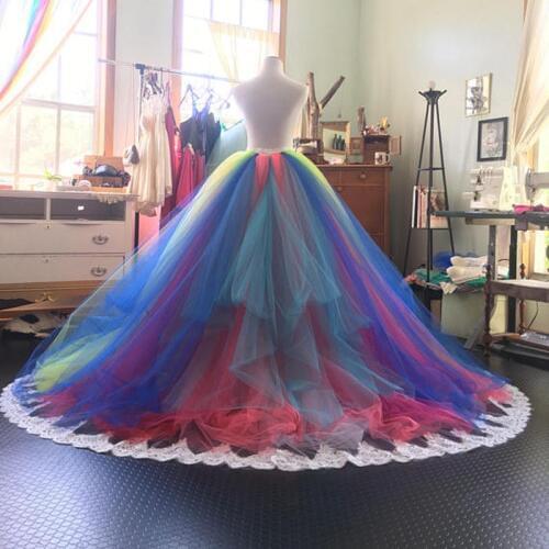 Chic Rainbow Puffy Tulle Skirts For Bridal Pleated Tiered Floor Length Long Tutu Skirt Women With Appliques Custom Made 2018
