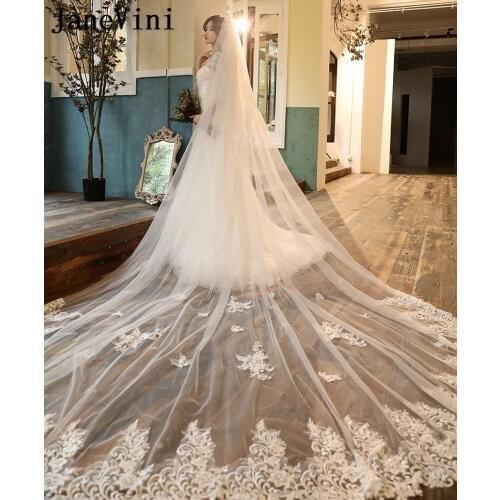 JaneVini Elegant 3M Two Layers Bridal Veil with Comb Lace Appliques Edge Bling Sequins Tulle Long Women Wedding Hair Accessories