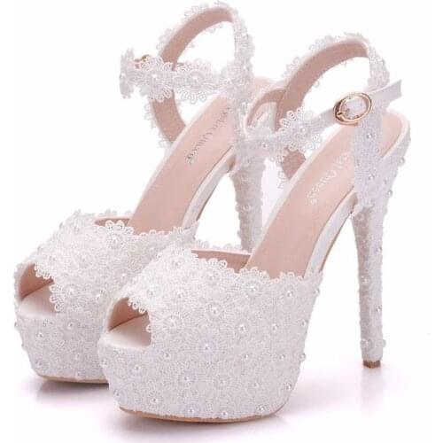 Women sandals wedding Party Lace PU Rhinestones Buckle Strap 14CM Thin High heels Peep Toe waterproof women shoes size 35-42