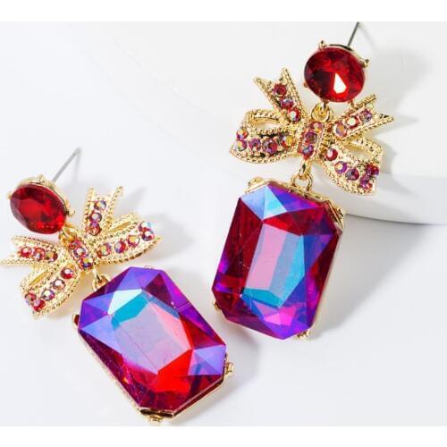 Alloy Inlay Rhinestone Bow Long Earrings Women Geometric Square Glass Earrings Female Statement ZA Earrings Indian Jewelry