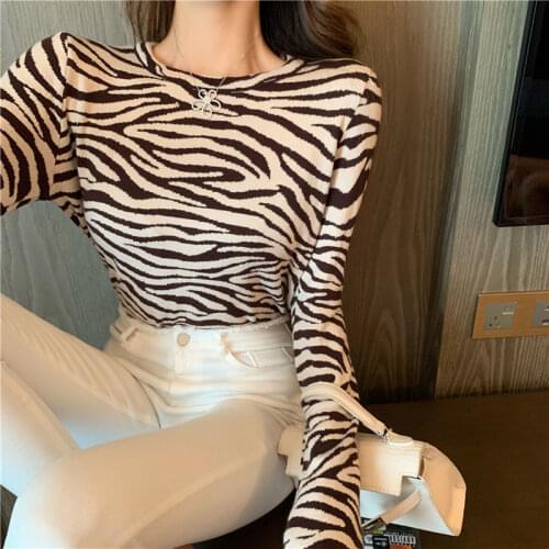 Woman Tshirts Cotton Printed Zebra Print Long-Sleeved T-shirt for Women Autumn Winter Coat Tops Mujer Camisetas