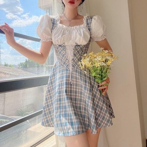 2021 Summer Womens Dresses Plaid Mini Vintage Patched Short Puff Sleeve Sweet Sundress Korean Lace Up Waist A-line Robe Femme