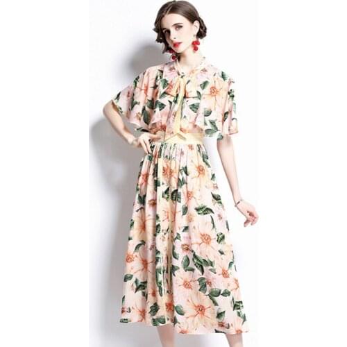 2021summer Vintage Flower Print Dress Women Single-Breasted short Sleeve Elegant Midi Dress