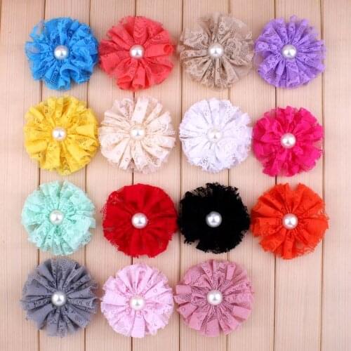 5pcs/lot 7CM 15 Colors Fashion Artificial Lace Fabric Flower For Baby Girl Headband Newborn DIY Hair Flower With Pearl Buttons