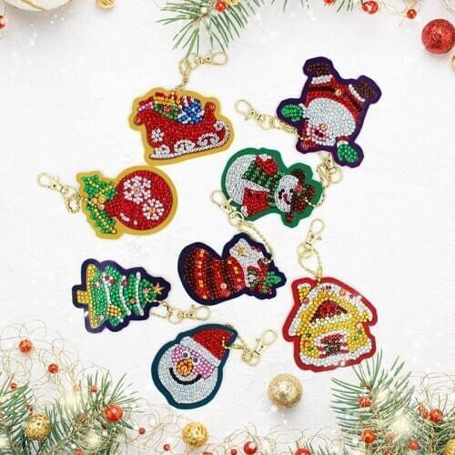 8Pcs 5D DIY Diamond Christmas Keychain Keyring Bag Ornament PVC Board Snowman Santa Claus Christmas Decor Gift Diamond Mosaic