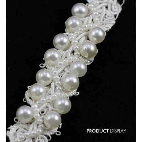 Beaded Pearls Braided Lace Fabric Trimming Applique Ribbon Trim Sewing Supplies for Wedding Dress Apparel Accessories 9yard/T786