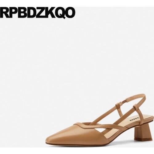 Shoes Thick Chunky Sandals Medium Heels Scarpin Square Toe Block Slingback Size 33 Genuine Leather Chic Ladies High Summer Pumps