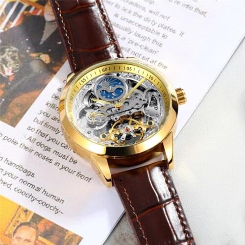 Unique watches Men Luxury Brand Skeleton Face Flywheel Automatic Mechanical Wrist Watch Man Clock Leather Tourbillon Wristwatch