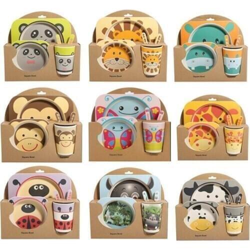Bamboo fiber childrens tableware set baby grid dinner plate shatter-resistant cartoon rice bowl gift tableware