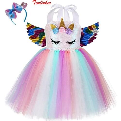 Girls Halloween Unicorn Sequins Costume Dress Fancy Up Kids Rainbow Mesh Flower Tutu Party Dresses Princess Cosplay Dressing Up