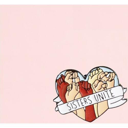 Hot Selling Women Denim Jackets Lapel Brooch Pins Love Heart Shaped Fist Refueling Banner 'SISTERS UNITE' Lady Enamel Brooches