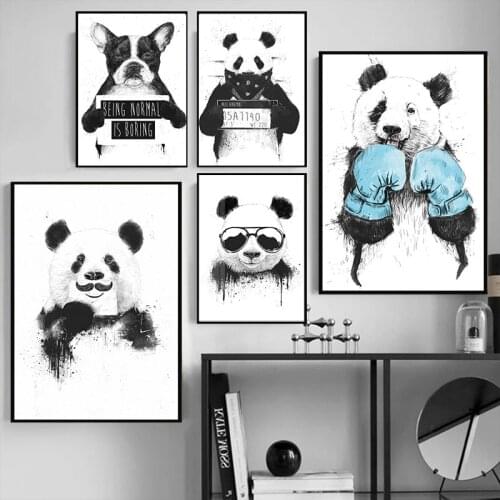 Canvas Painting Nordic Home Decor Wall Art Poster Cartoon Print Animal Panda Dog Picture Black White Painting for Living Room