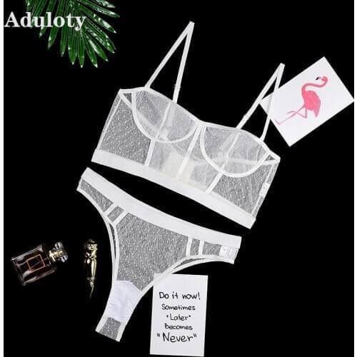 Aduloty New womens polka dot lace lingerie set mesh perspective wire free support comfortable sexy bra set thong underwear set