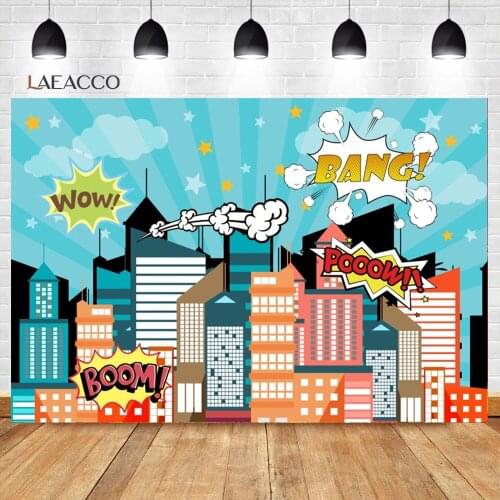 Laeacco Cartoon City Big Bang Background Baby Child Protect The City Hero Poster Portrait Customized Photographic Backdrops