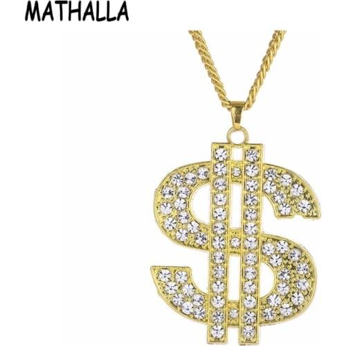 MATHALLA Fashion Dollar $ Shape Pendant Glittering Crystal Stone Necklace with Cuban Chain Charm and Hip Hop Necklace