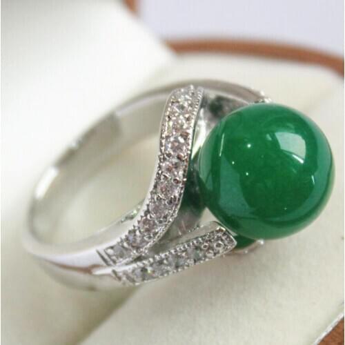 Fashion jewelry New Dark Green 12MM Bead silver-color Inlay CZ Jades Gift Fashion Rings For Women