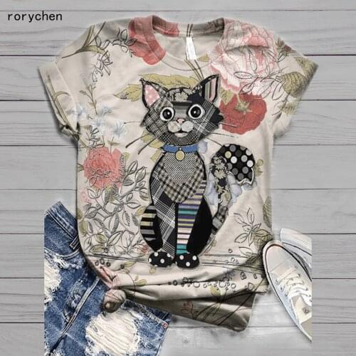 Rorychen 2020 new Cute cat Print T Shirt Women 3D Animal Printed Tops Blouse Tshirts Causal Harajuku Vintage Ladies T-shirt A611