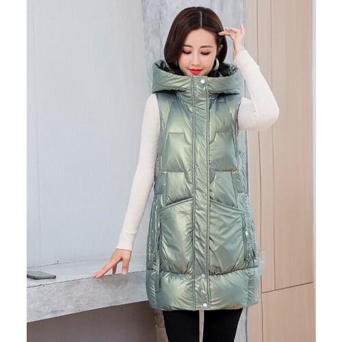 New Women Elegant Sleeveless Vest Down Cotton Padded Long Hooded Jacket Female Veats Warm Windproof Waistcoat Brand Clothing