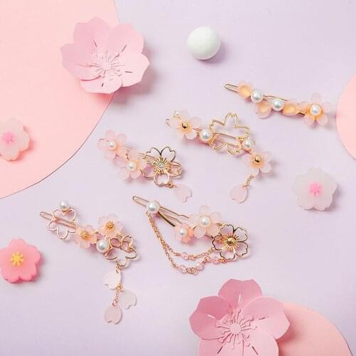 New Sweet Cherry Blossoms Hair Clip Pink Acrylic Metal Headwear Hairpin Net Red Headband Bangs Hair Accessories Word Clip