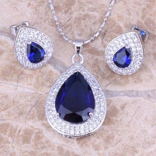 Alluring Blue Cubic Zirconia White CZ Silver Plated Earrings Pendant Necklace Jewelry Sets S0747