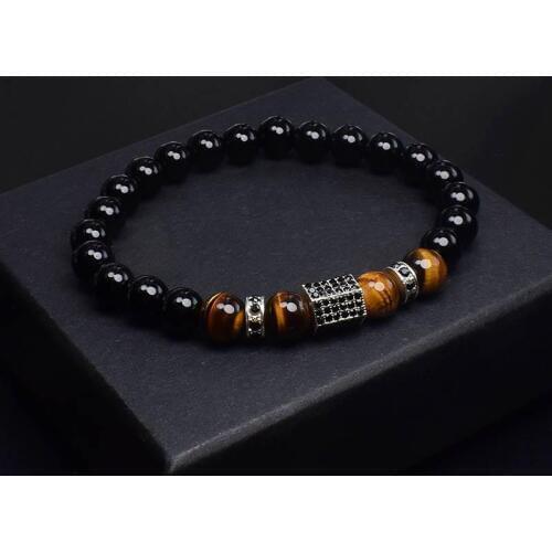 Punk Charm strand Bracelet for Men Fashion Antique Zircon Tiger eye stone bead Bracelets Jewelry Elastic Male Pulseira bileklik