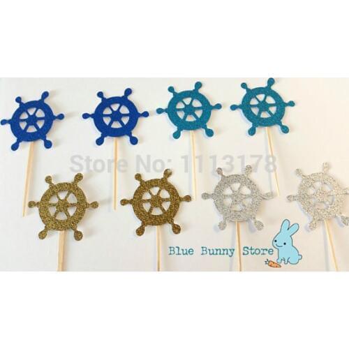 Pirate Ship Steering Wheel Nautical Glitter Cupcake Toppers Boy Birthday Food Picks Decor Decorations Party Picks