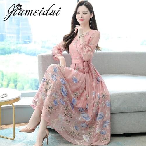 JiuMeiDai Women Autumn Elegant A-Line V-Neck Dress Office Lady Embroidery Robe Femme Vintage Designer Party Clothing Vestidos