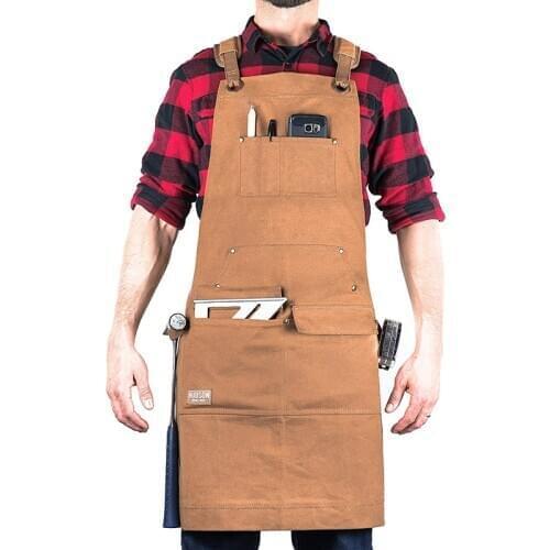 Durable Work Tool Apron Woodworking Heavy Duty Waxed Canvas Aprons Cross-Back Straps With Tool Pockets Adjustable M to XXL