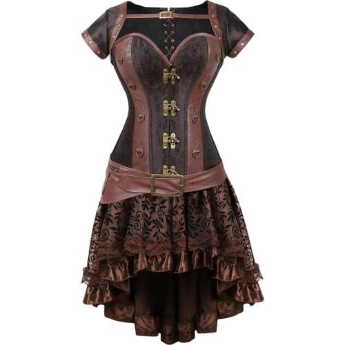 Retro Corset Skirt Steampunk Steel Boned Bustier Masquerade Party Dresses Vintage Korsage Sexy Pirate Carnival Costumes Gothic