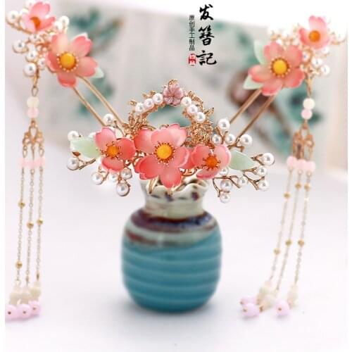 Luxury handmade red flower tassel Chinese retro hair crown suit Martial arts fairy headdress Pearl shell hairpin clip