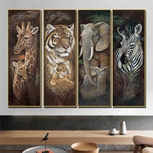 Tiger Giraffe Elephant Zebra Wall Art Canvas Print Animal Painting Posters and Prints Vintage Decor Wall Picture for Living Room