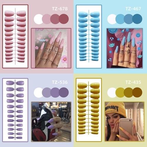 Candy color Full Cover False Nail Long Round Press On Nails UV Gel Nude Fingersnails 24Pcs Long French False Nail NA04