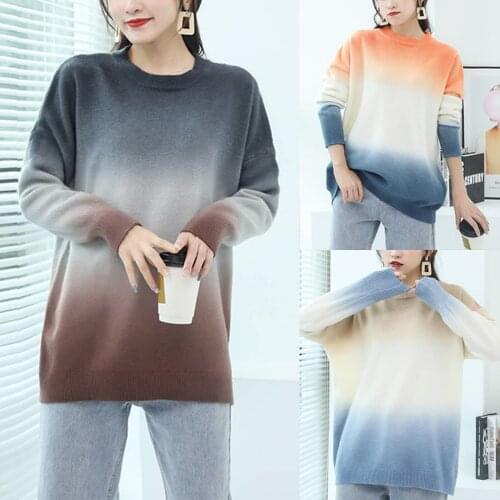 Female Knitwear Gradient Color Round Neck Long Sleeve Sweater Tops for Spring Fall Light Coffee /Black Coffee/ Orange