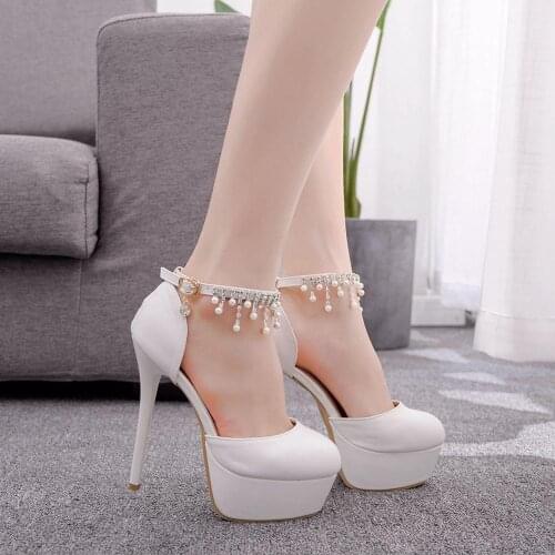 White Rhinestone Tassel Beaded Bride Shoes Women High Heels Sandals Thin Platform Shoes Female Dress Wedding Shoes