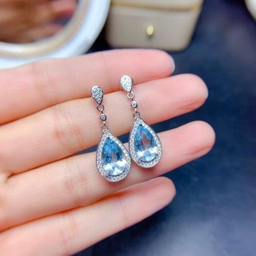 BLACK ANGEL New Temperament Sea Blue Topaz CZ Water Drop Sapphire Gemstone Long Earrings for Women 925 Silver Wedding Jewelry