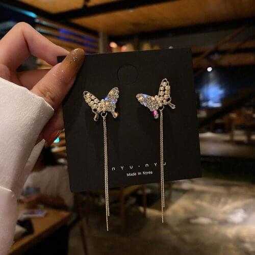Studded pearl butterfly stud female long tassel earrings chain 2020 new style trendy earrings web celebrity earrings